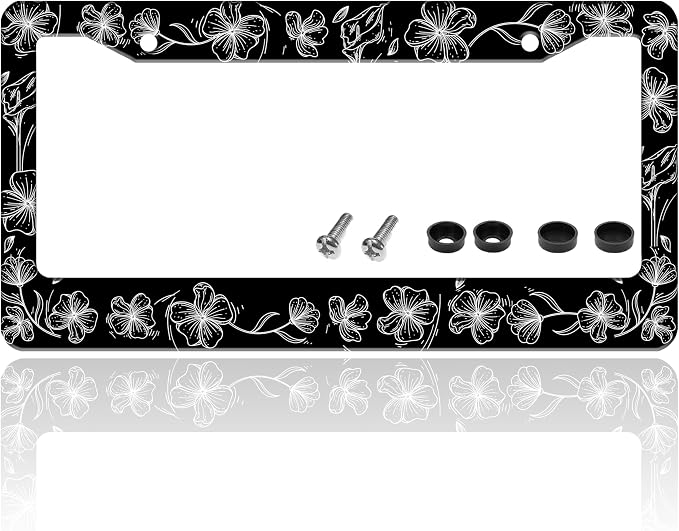 Black and White Line Drawing Flowers License Plate Frame Beautiful Floar by TINALUIN