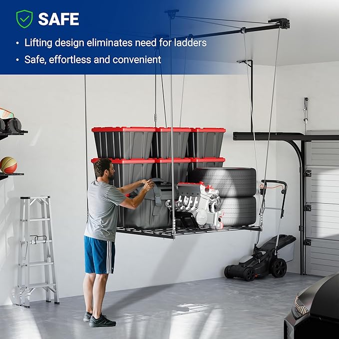 FLEXIMOUNTS Overhead Garage Storage Rack Lift, 4x4 Ft Heavy-Duty Garage Ceiling - Image 5