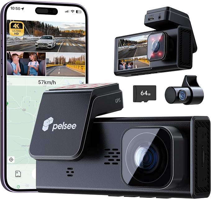 Pelsee 4K 3 Channel Dash Cam Front and Rear Inside, Dash Camera by pelsee