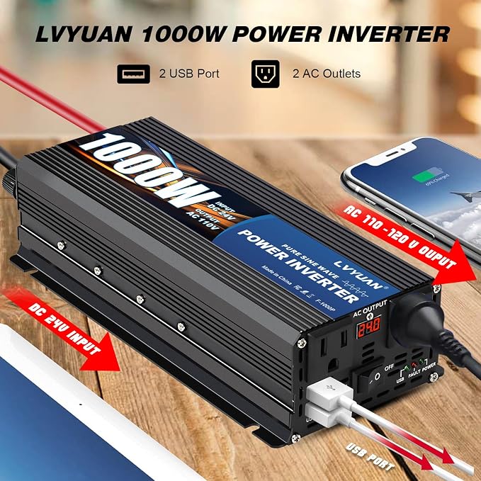 LVYUAN 1000 Watt Pure Sine Wave Power Inverter 24V to 110V/120V DC to AC - Image 4