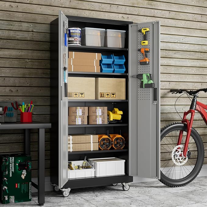 Garage Storage Cabinet with Pegboard and 5 Adjustable Shelves, Tool Storage - Image 9