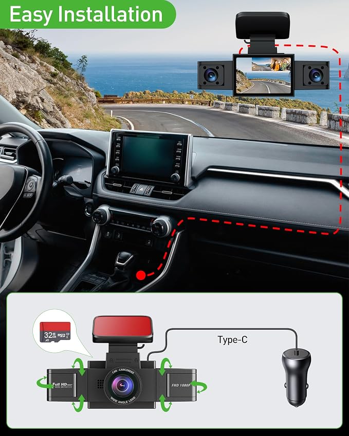 3 Channel 1080P Dash Cam Front and Inside Left/Right, Free 32G Card, Dash - Image 6