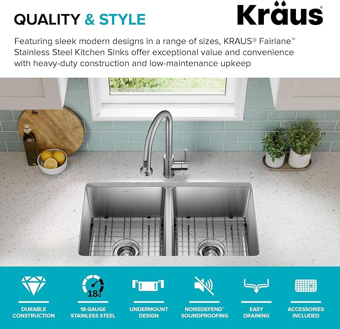 KRAUS Fairlane 33-inch Undermount Double Bowl 18-Gauge Stainless Steel Kitchen - Image 5