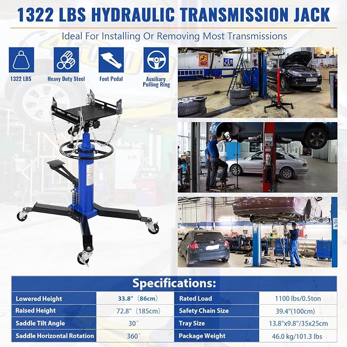 Transmission Jack with 2 Stage Hydraulic Ram, 1322 LBS Hydraulic Telescoping - Image 3