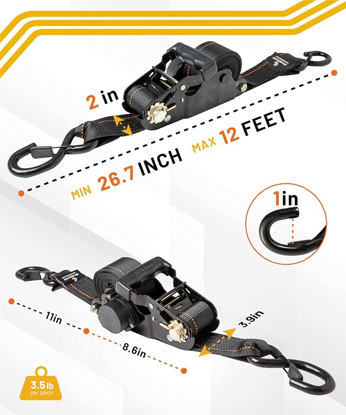 Strapinno Retractable Ratchet Tie-Down Straps, 000 lbs Breaking Strength- 2 in - Image 3