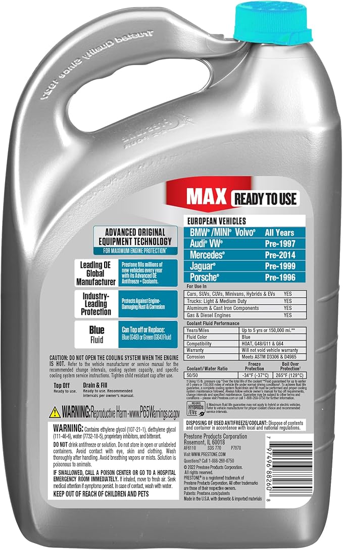 Prestone MAX Euro Blue 50/50 Antifreeze Automotive Coolant, Pack of One - Image 2