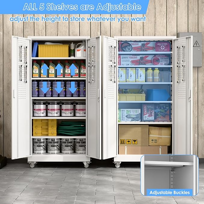 Garage Storage Cabinet with Pegboard and 5 Adjustable Shelves, Tool Storage - Image 5