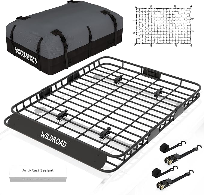 Wildroad Roof Rack Cargo Basket, Upgraded 4” Fence Wide Car Roof Basket Combo by WILDROAD