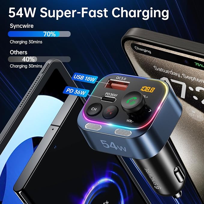 Syncwire Bluetooth 5.4 FM Transmitter Car Adapter 54W Wireless Radio Receiver - Image 4