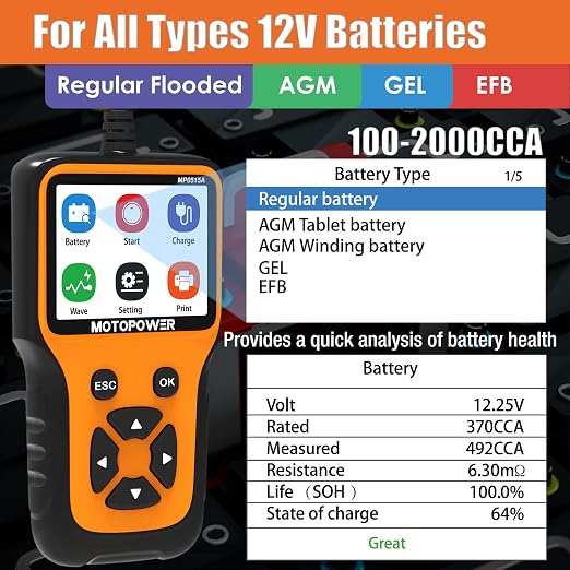 MOTOPOWER MP0515A 12V Car Battery Tester Automotive 100-2000 CCA Battery Load - Image 3