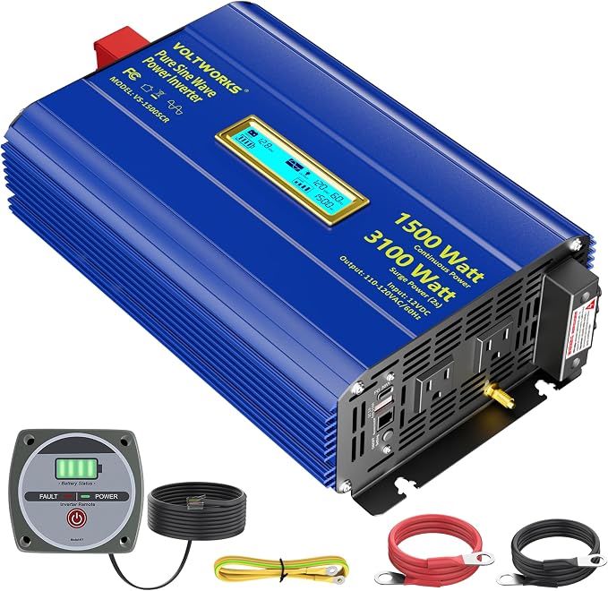 Pure Sine Wave Inverter 1500 Watt 12V to 110V 120V AC Surge Peak 3100W by VOLTWORKS