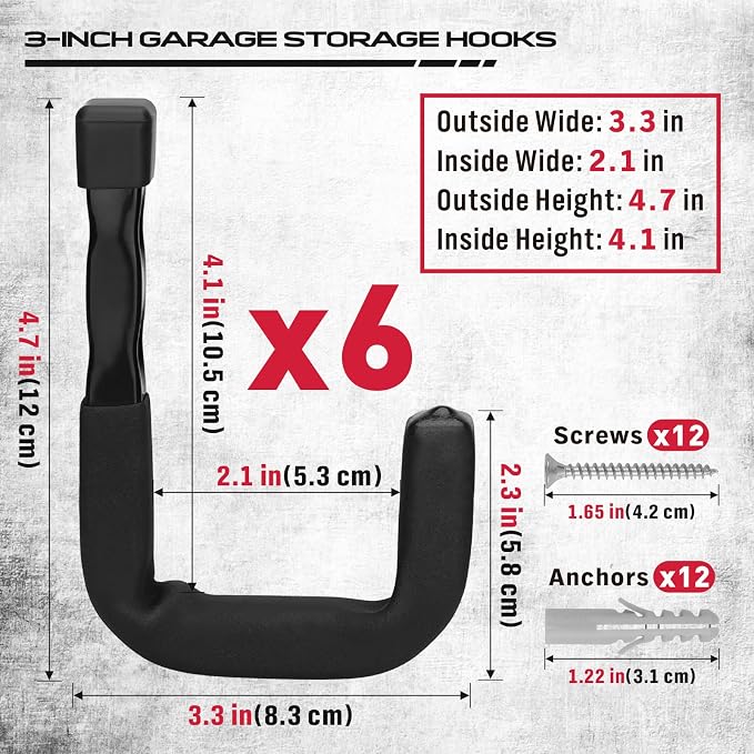 SEDY 6-Piece Heavy Duty Garage Storage Hooks, Wall Mount J Utility Hooks Holds - Image 2