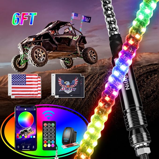 Nilight 2PCS 6FT RGB LED Whip Light, Remote App Control w/DIY Chasing Patterns by Nilight