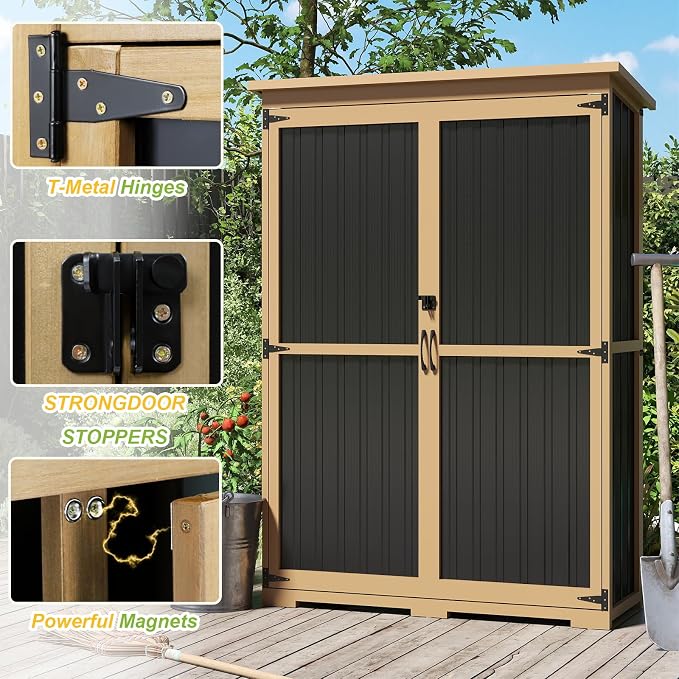 Outdoor Storage Shed with Shelf, Wood & Metal Storage Cabinet with Lockable - Image 3