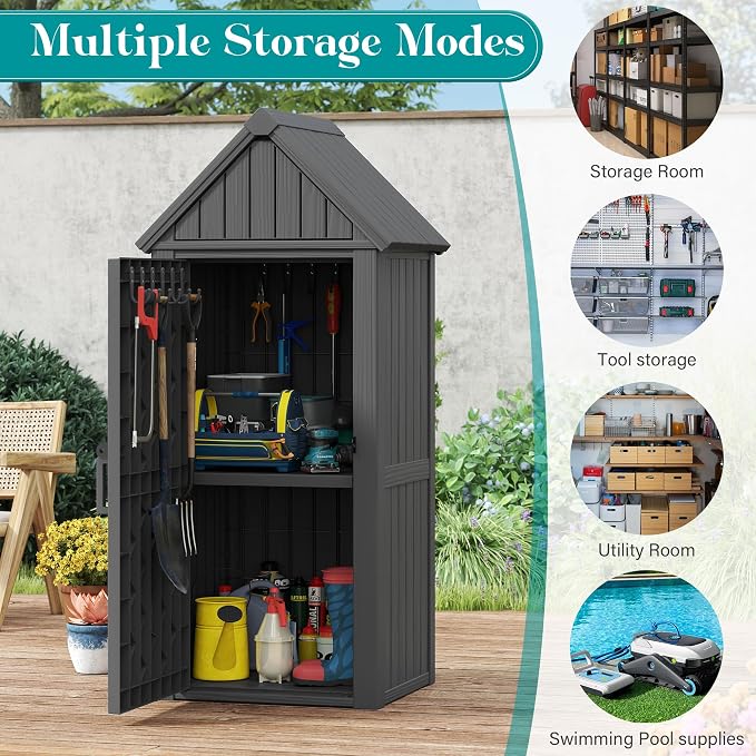 Shed Outdoor Storage Shed with Sloping Roof and Lockable Door, Resin Outdoor - Image 4