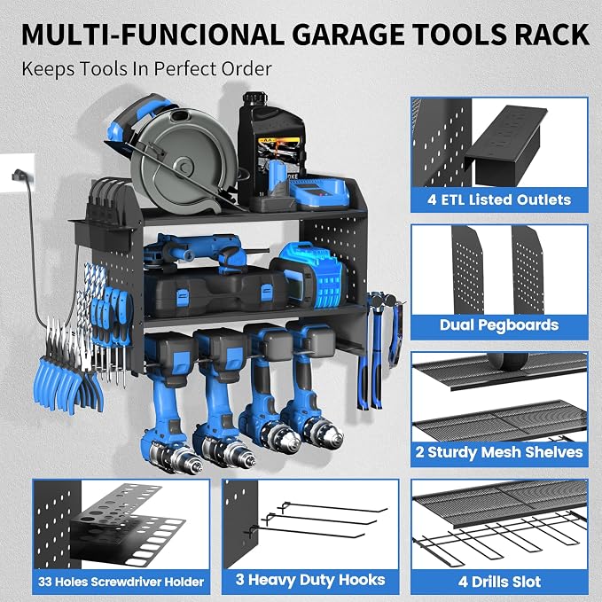 Power Tool Organizer Wall Mount – Adjustable Shelf, Side-Mounted 4-Outlet - Image 5