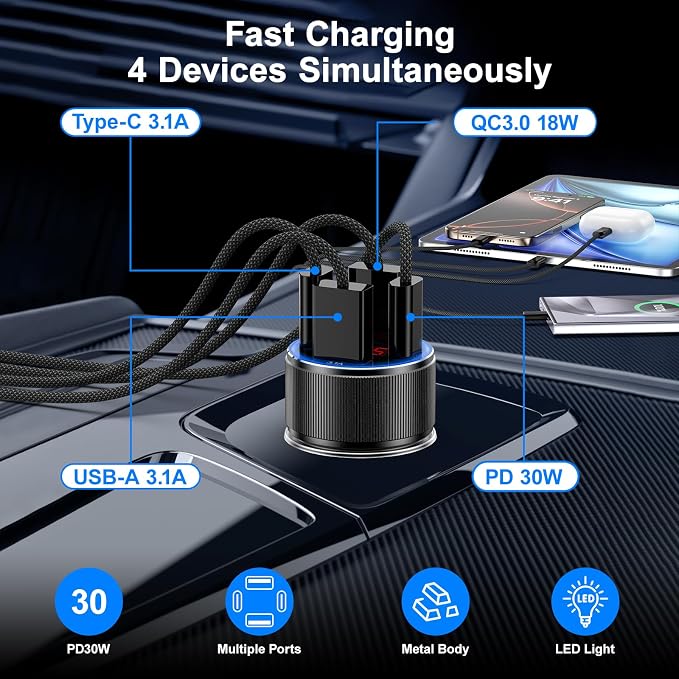 Car Charger USB C, Besgoods 4 Ports Cigarette Lighter USB Charger USB C Car - Image 2