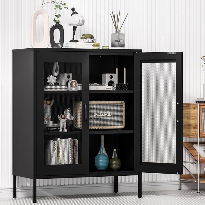 Metal Storage Cabinet with Mesh Doors and Shelves, 3-Tier Office Cabinet - Image 4