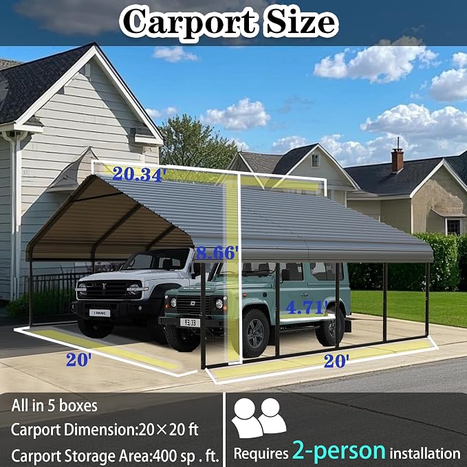 Heavy Duty Metal Carport 20x20 ft Galvanized Steel Frame RV Carport Storage All - Image 2