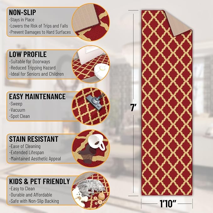 Ottomanson Hallway Runner Rug 1'10" x 7' Non Slip Trellis Area Rugs Easy to - Image 3
