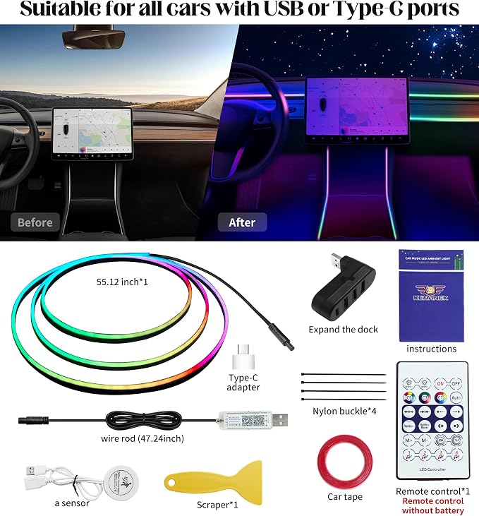 KENANEK Acrylic Interior Car LED Strip, 55.12-inch USB/Type C Interface - Image 3