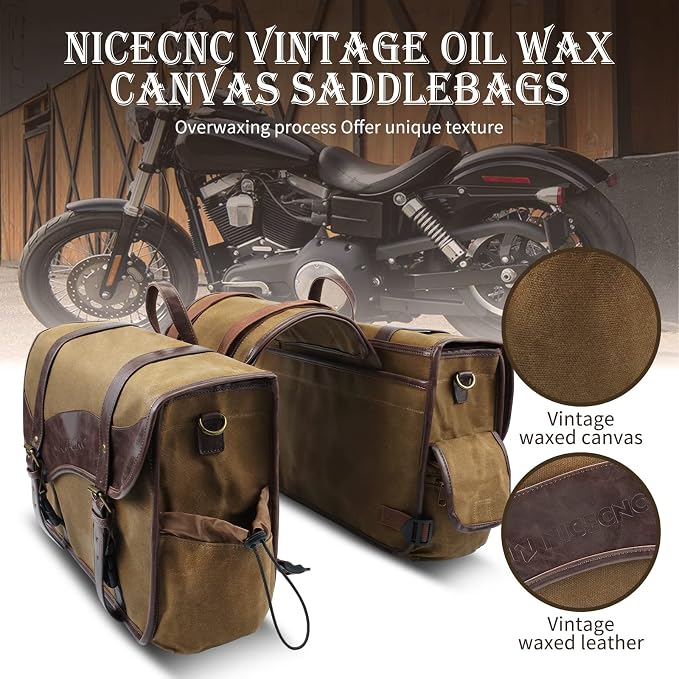 NICECNC Motorcycle Saddle Bags, Vintage Oil Waxed Canvas Motorcycle Saddlebags - Image 3