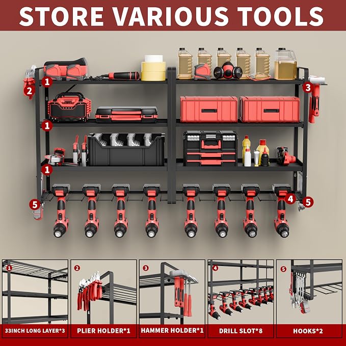 NINAT Heavy Duty 4-Tier Wall Mount Tool Organizer Rack - Image 3