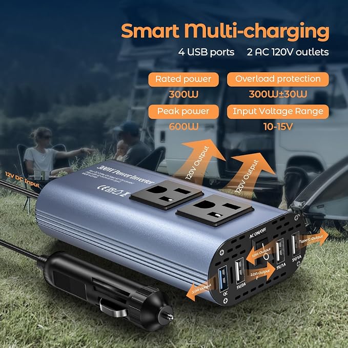 300W Car Power Inverter, DC 12V to 110V AC Car Plug Adapter Outlet - Image 4