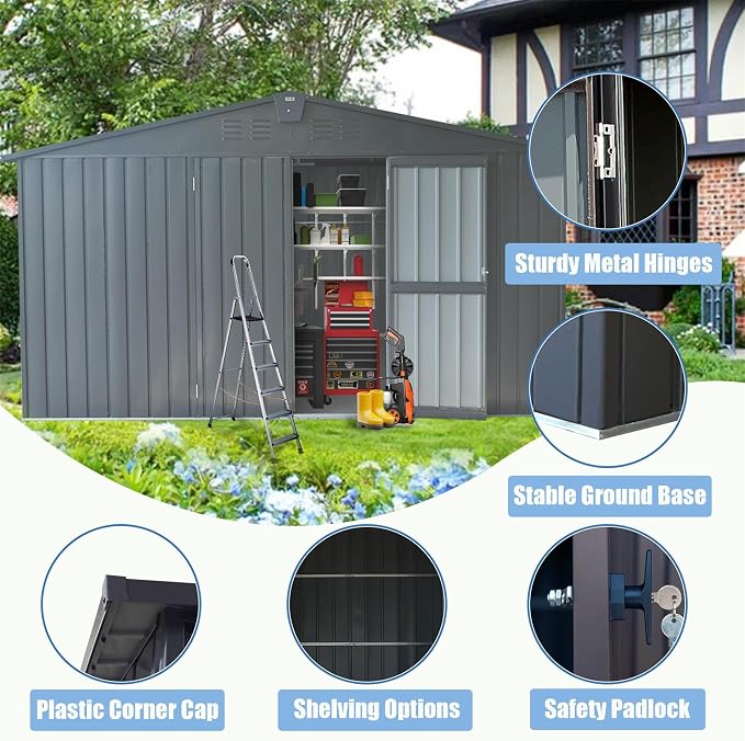 IKERY Large Galvanized Steel Storage Shed 11' x 9' - Image 2