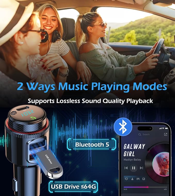 Bluetooth Car Adapter, Wireless AUX FM Transmitter, USB C&QC3.0 Dual Fast - Image 3