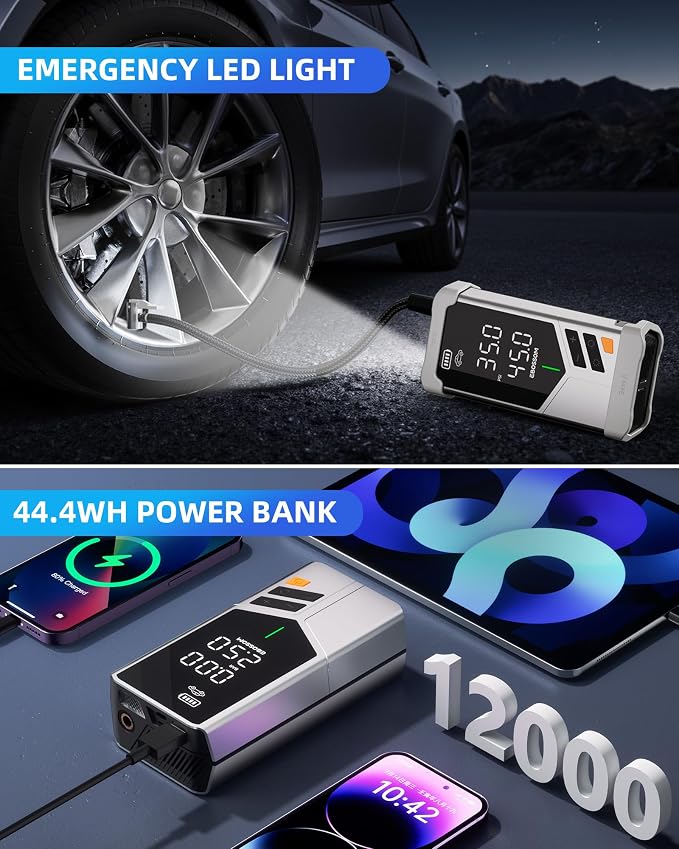 Portable Car Jump Starter with Air Compressor, 150PSI Tire Inflator with 44.4Wh - Image 6