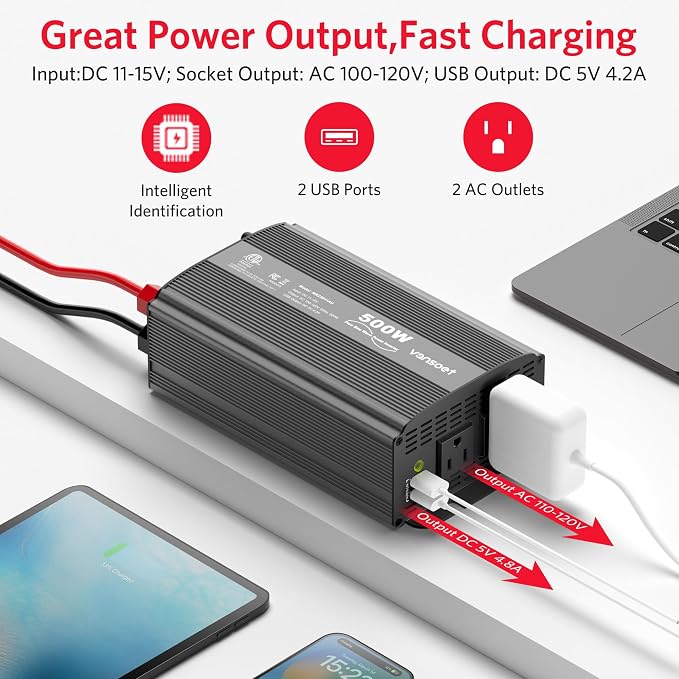 500W Pure Sine Wave Power Inverter, DC 12V to 110V AC Car Plug Inverter Adapter - Image 2