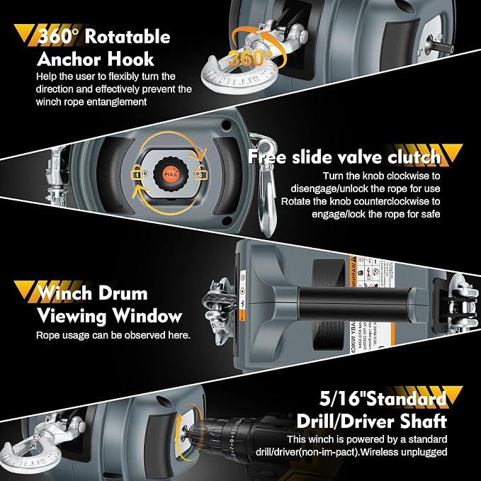 Portable Drill Winch of 1000 LB, Rotate The Hook 360 Degrees, - Image 4