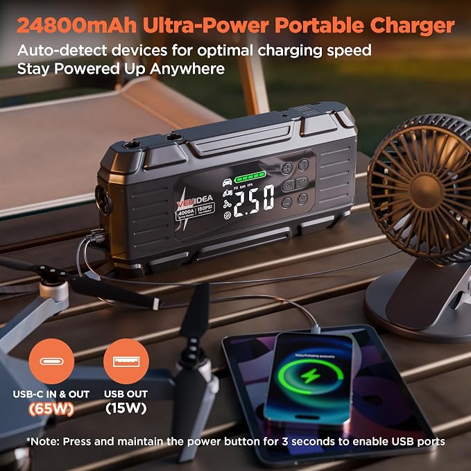 Jump Starter with Air Compressor: 4000A 150PSI Car Battery Charger - 65W Tire - Image 5