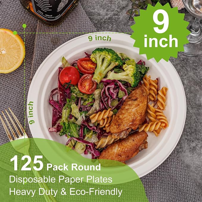 WELLIFE 100% Compostable Paper Plates 9 Inch, Biodegradable Bagasse, - Image 2