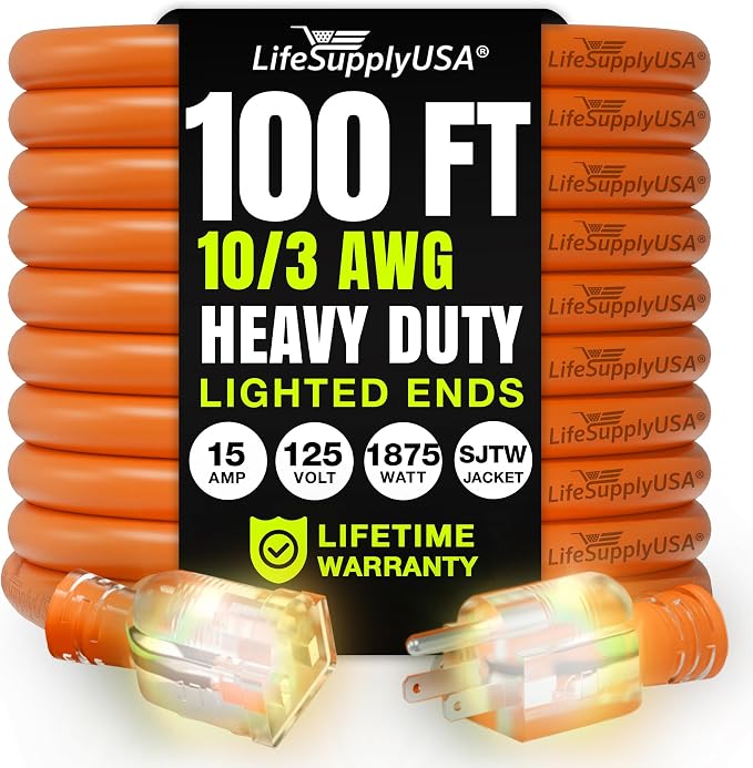 100ft Outdoor/Indoor Extension Cord 10/3 Gauge Ultra Heavy Duty 3 Prong SJTW by LifeSupplyUSA