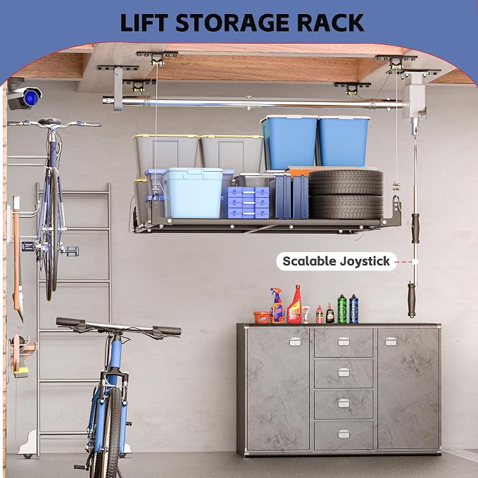 Overhead Garage Storage Rack, 4x4FT Ceiling Storage Racks Lift, Adjustable - Image 6