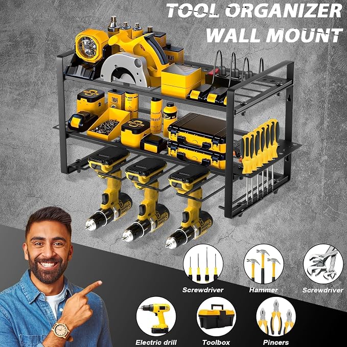 Power Tool Organizer Wall Mount, 2 Pack 3 Layers Garage Wall Shelving, 8 Drill - Image 2