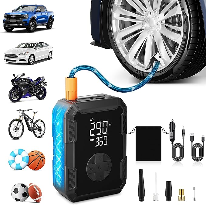 Tire Inflator Portable Air Compressor – Wireless & 12V Dual Power, Auto Shut-Off by Evjeal
