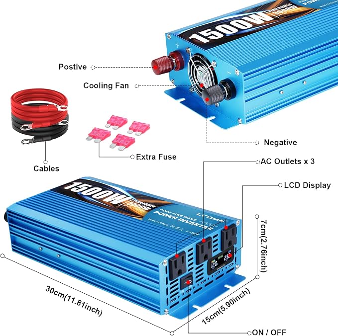 LVYUAN 1500 Watt Pure Sine Wave Inverter 12V to 110V 120V DC to AC - Image 6