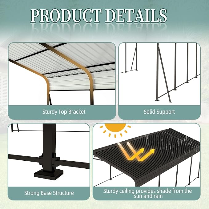 12x20 FT Metal Carport, Heavy Duty Car Port Canopy - Image 3