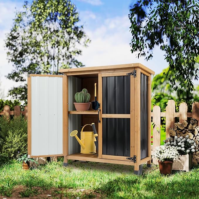 Outdoor Storage Cabinet Wood & Metal Small Storage Shed Waterproof Roof - Image 2