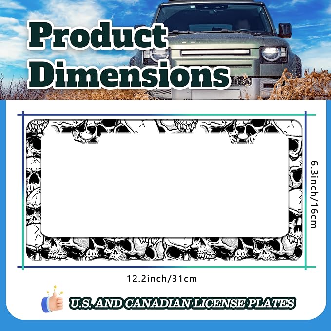 Skull License Plate Frame Black White Skeleton Stainless Steel License Plate - Image 3