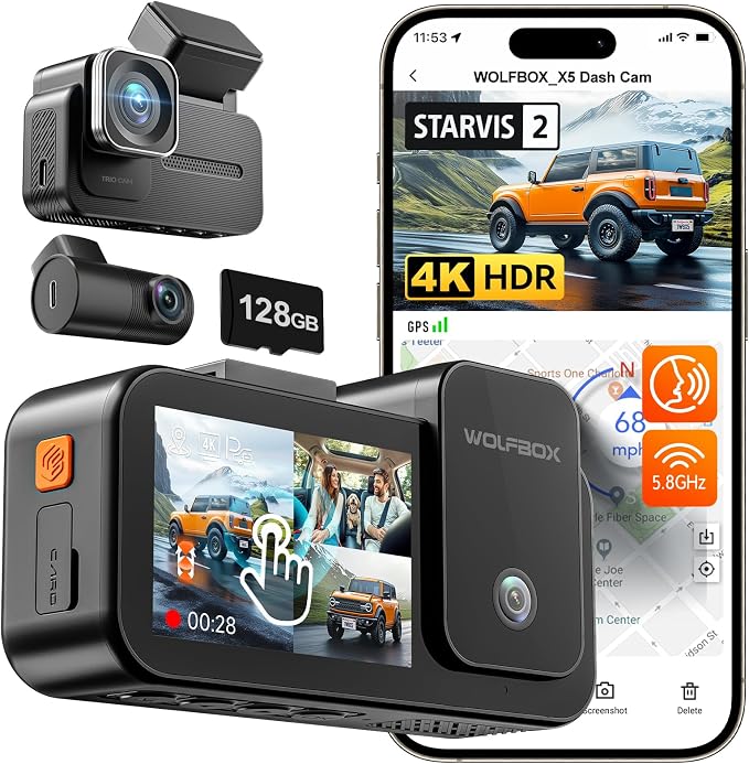 WOLFBOX X5 3 Channel 4K HDR Dash Cam, STARVIS 2 IMX678 Night Vision, by WOLFBOX