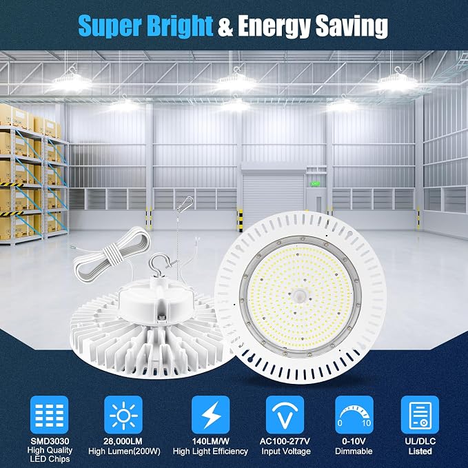 200W High Bay LED Light AC100-277V 29, 000LM UFO Lighting 0-10V Dimmable 5000K - Image 2