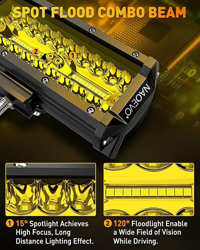 NAOEVO 7 Inch Yellow LED Light Bar, 240W 24, 000LM Offroad Fog/Driving Lights - Image 4