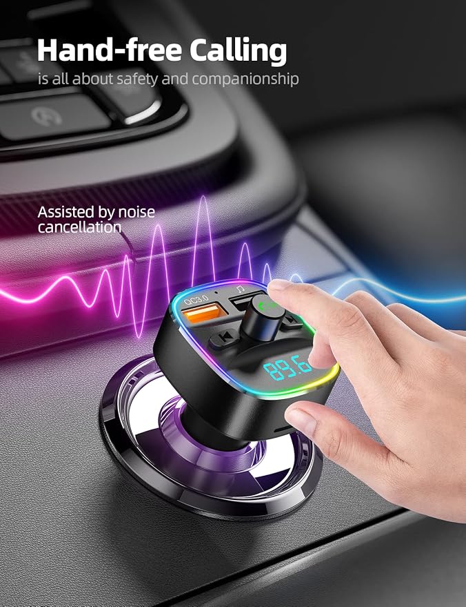 Nulaxy Bluetooth FM Transmitter, Hands-Free Calling, 7 Colors Led Backlit Light - Image 2