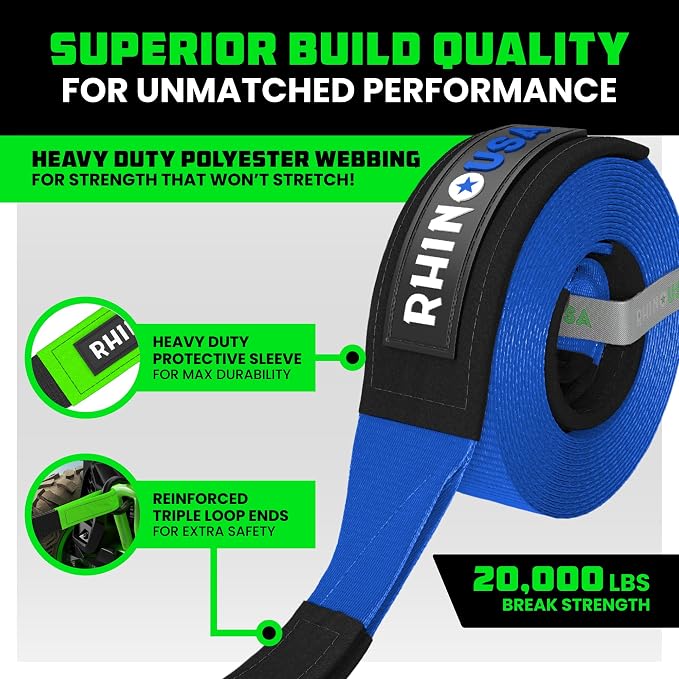 Rhino USA Recovery Tow Strap- 20024lb Break Strength- Emergency Recovery Strap - Image 2