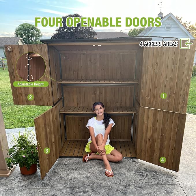 Outdoor Storage Shed with Metal Frame, Large Wooden Tool Cabinet with - Image 4