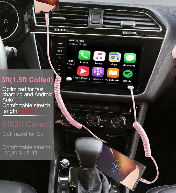 USB C to C Cable 3FT for Car, Coiled USB C Fast Charging Cable for iPhone 16 - Image 4